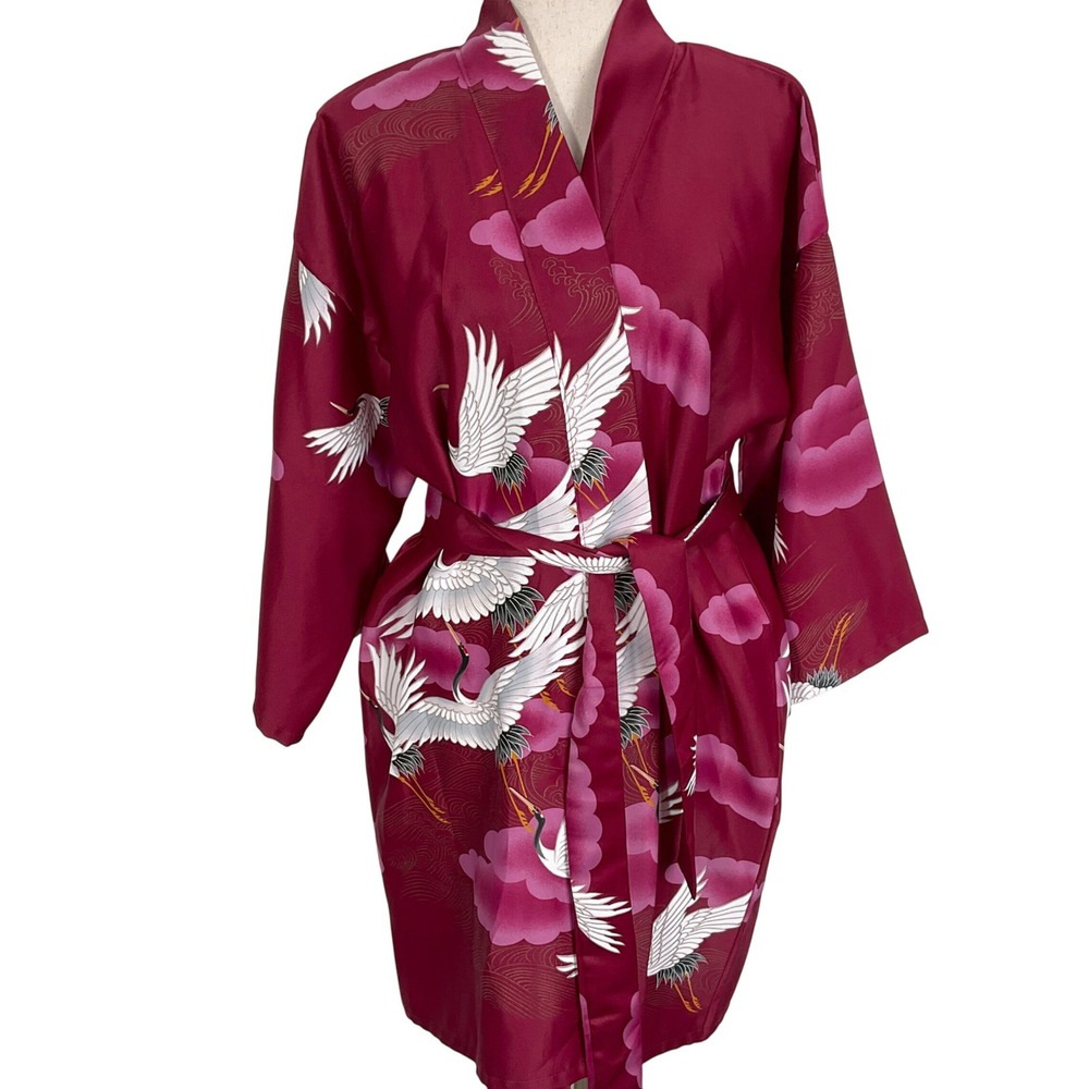 Maruky Kyoto Tokyo Robe Women 35in Burgundy Crane‎ Cloud Asian Kimono Wrap 70s